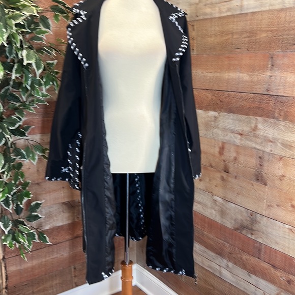 SAMUEL DONG Black Trench Coat with Plaid Trim - Picture 8 of 15